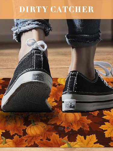Fall Door Mat Orange Harvest Pumpkin Doormat Autumn Maple Leaf Harvest Thanksgiving Welcome Mat Non Slip Rubber Entryway Front Rug Floor Mat for Indoor Outdoor Kitchen Autumn Holiday Home Decor 18x30