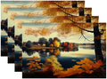 Batmerry Autumn Lakes Woods Linen Placemats Set of 4, Maple Leaves Scenery Art Washable Table Mats for Kitchen Table Thickened Heat Insulation Dining Set Indoor Outdoor 12X18 in