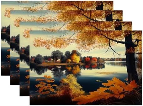 Batmerry Autumn Lakes Woods Linen Placemats Set of 4, Maple Leaves Scenery Art Washable Table Mats for Kitchen Table Thickened Heat Insulation Dining Set Indoor Outdoor 12X18 in