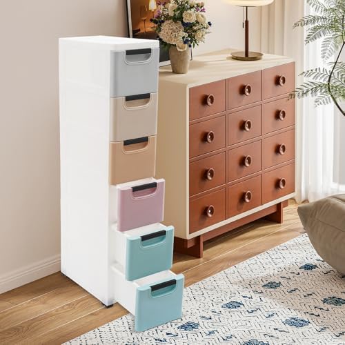 Slim 6 Drawers Storage Cabinet for Narrow Space, PP Storage Tower with 77 lbs Capacity, for Home Office Bedroom Living Room, 15.7" W x 7.9" D x 39.4" H (Multicolor)
