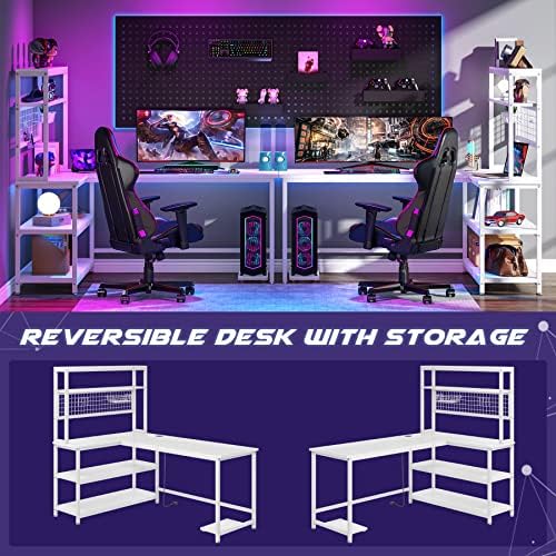 LITTLE TREE L-Shaped Computer Desk, 55 Inch Reversible Office Desk, Study Writing Table with Wireless Charging and Bookshelf for Home Office, White