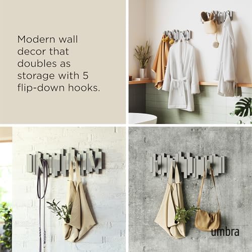 Umbra Sticks Wall Mount Coat Rack, 5 Hook Retractable Pegs, Grey
