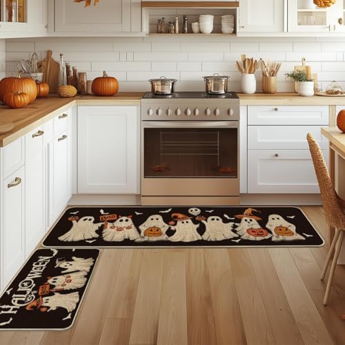 Artoid Mode Ghost Bat Black Halloween Kitchen Mats Set of 2-17x29+17x59