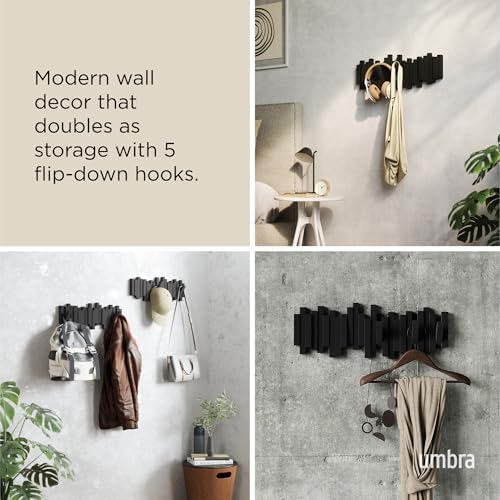 Umbra Sticks Wall Mount Coat Rack, 5 Hook Retractable Pegs, Black