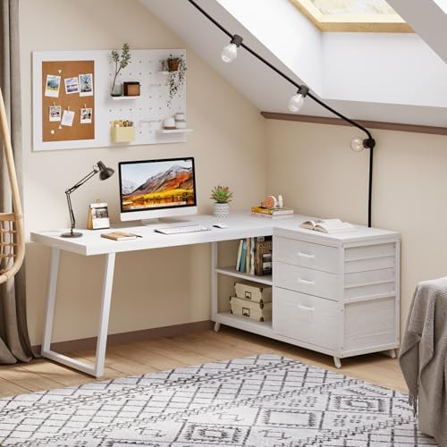Tribesigns L-Shaped Computer Desk with 3 Drawers, Reversible Corner Home Office Desk with Shelves, 53-Inch Industrial PC Desk Study Writing Table Workstation for Small Space, White