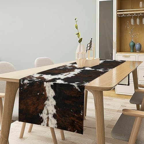 Vintage Cow Print Table Runner, Rustic Cottage Country Farm Animal Fur Skin Pattern Western Style Black Brown Cowhide Print Dinner Runner for Home Kitchen Dining Table Decoration 13x120 Inch