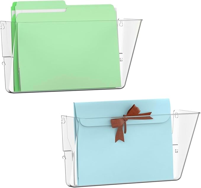 Gawerk Single Pocke Wall Mount File Holder Organizer (Clear, 2 Pack) | Acrylic Hanging Wall Organizer, Plastic Wall Mount Mails Magazines Organizer for Office and Home