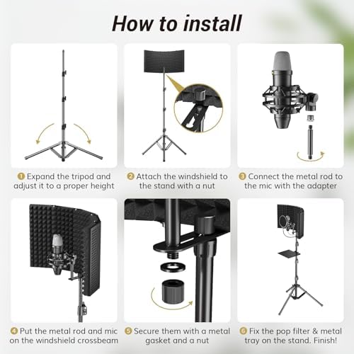 TONOR Isolation Shield Pack for Mic, Acoustic Foam Shield with Pop Filter & Tripod Stand, Foldable Design, Compatible with Blue Yeti, AT2020, Recording, Podcasts, Singing, Max 70 inch, Stand Included