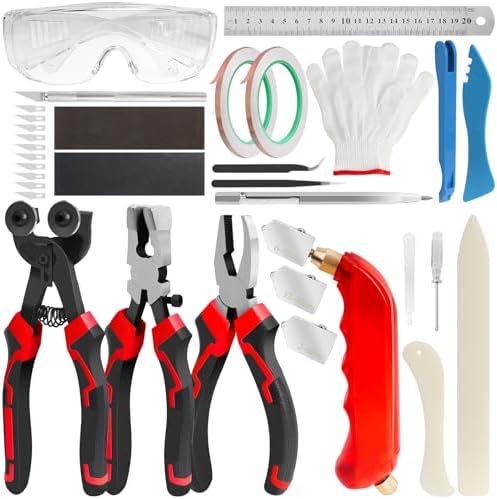 YOTINO Glass Cutters Tools 33PCS Stained Glass Kit,Running Pliers Breaking Pliers Oil Feed Glass Cutter Set Cut Complete Stained Glass Supplies for Stained Glass, Tiles, Mosaic Cutting