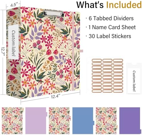 3 Ring Binder 3 Inch, Cute Round Ring Binder with 6 Tab Dividers & Label Stickers, Low Profile Clipboard with Storage, Fashion Binder for School Office Supplies (Pink Floral)