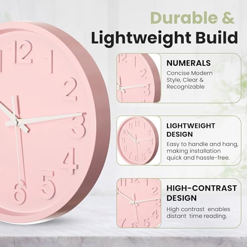 Clockswise 12-Inch Modern Minimalist Round Plastic Wall Clock Pink Dial with Bold Arabic Numerals Analog Display Step Movement Easy-to-Read Timepiece for Living Room Kitchen Office Bedroom Wall Decor