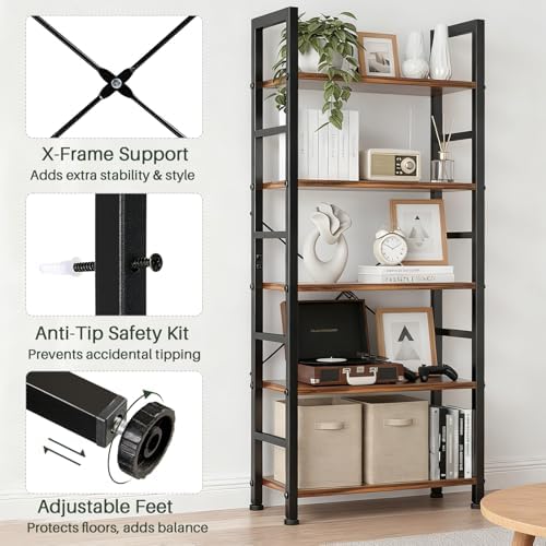 5 Tier Bookshelf, Free Standing Bookcase with Open Storage Shelves