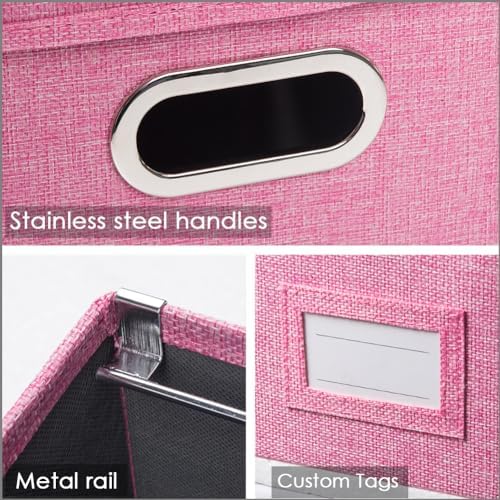 PRANDOM File Organizer Box - Set of 4 Collapsible Decorative Linen Filing Storage Hanging File Folders with Lids Office Cabinet Letter/Legal Size Pink 17.1x14x11.1 inch