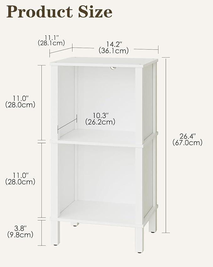 Bookshelf, Modern 2-Tier Bookcase, Open Storage Book Shelf, 11 × 14.2 × 27.4 Inches, Small Narrow Bookshelves for Living Room, Home Office, Bedroom, White