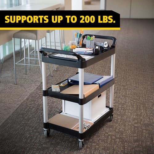 Rubbermaid Commercial Products Heavy Duty 3-Shelf Rolling Service/Utility/Push Cart, 200 lbs. Capacity, Black, for Foodservice/Restaurant/Cleaning/Warehouse/Garage
