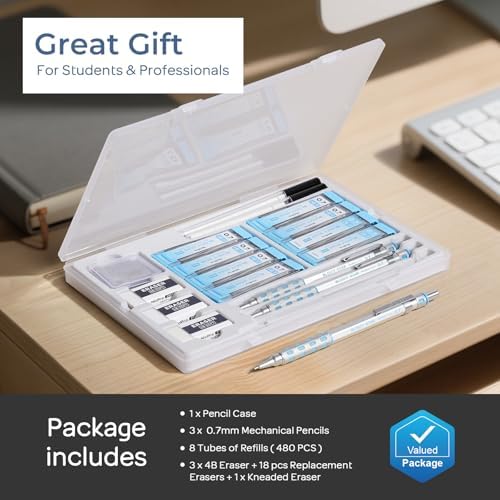 Nicpro Blocky Gear Mechanical Pencils 0.7 mm with Case, 3 Pack