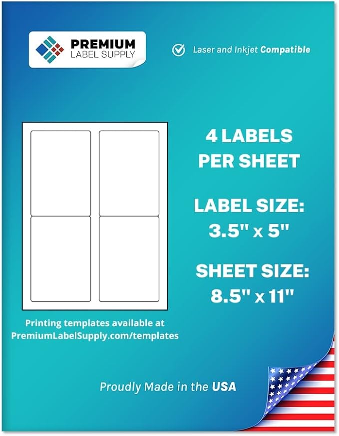 Premium Label Supply White Sticker Mailing/Shipping Labels – 3.5" x 5" – Laser/Inkjet Compatible – (4 per Sheet), 2000 Sheets - 8,000 Total Adhesive Labels