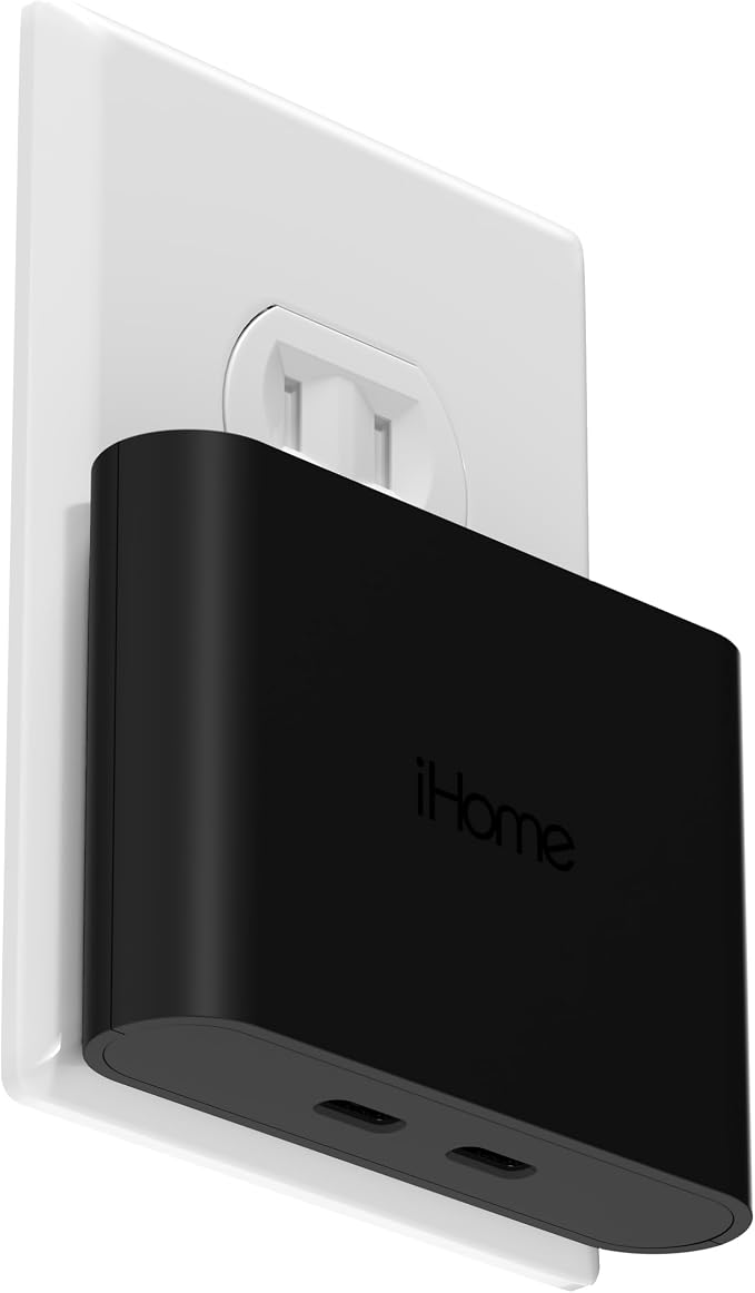 iHome Multiport 40W USB-C Charger, AC Pro 2-Port Flat Block, Dual Fast Charging Wall Adapter | Foldable Prongs, Fast Charging, 2.5x Faster, Charges iPhone, Android, iPad, AirPods, 2 USB-C Ports, Multiport Plug for Home