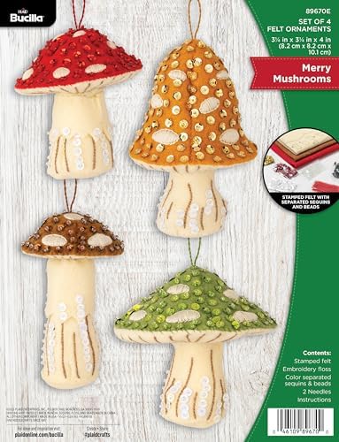 Bucilla Felt Applique 4 Piece Ornament Making Kit, Merry Mushrooms, Perfect for DIY Arts and Crafts, 89670E