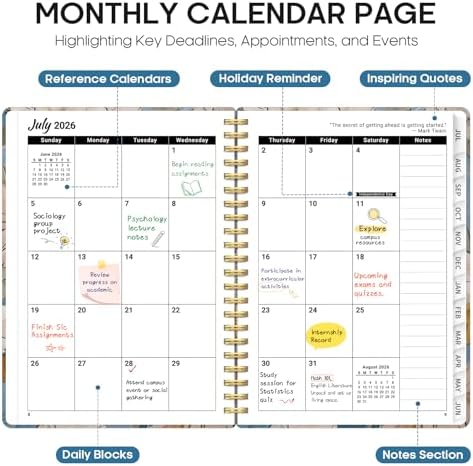 Planner 2026-2027, Monthly & Weekly Jul 2026-Jun 2027 Calendar Book | 6.3" x 8.5", Hardcover Spiral Planner with Tabs, School & Daily Pretty Agenda for Women, Students, Teachers, Soft Florals
