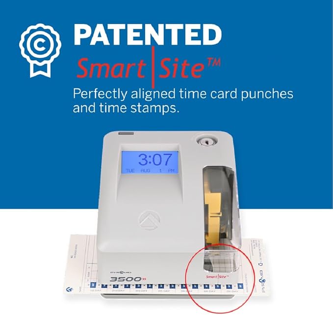 Pyramid Time Systems - 3500SS Employee Automatic Time Clock Bundle | For Payroll Tracking and Attendance Management, With SmartSite Alignment, 25 Time Cards, 1 Ribbon and 2 Security Keys