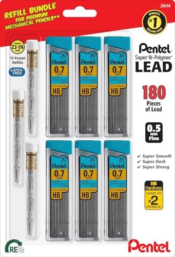 Pentel Super Hi-Polymer HB 0.7mm Lead Refills and Latex-Free White Erasers