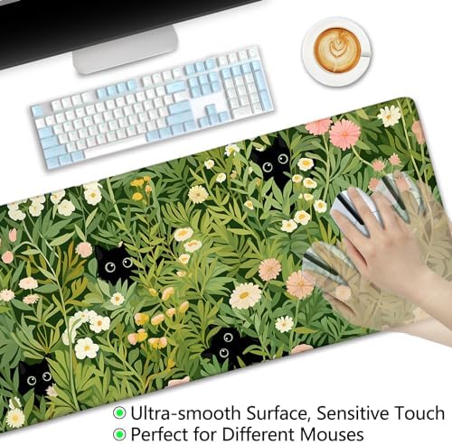 LIMKRIAN Anime Cat Mouse Pad, Green Desk Matt for Desktop, 31.5x11.8 in