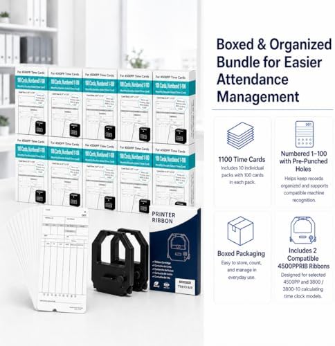 1100 Time Cards Compatible with Nile 4500PP/4500PP10 & Pyramid 3800/3800-10 Time Clocks, Numbered 1-100 Monthly Double-Sided Timecards for Employees, 3.37" x 7.37"