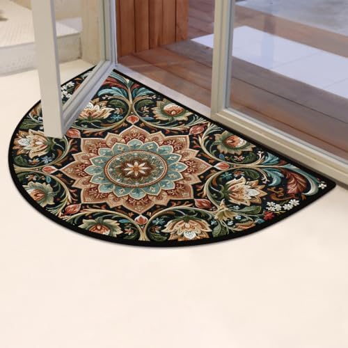 Boho Flower Half Round Door Mat Non Slip Washable Semi Circle Area Rug Absorbent Soft Half Moon Rug Floor Mat for Indoor Outdoor Kitchen Bathroom Patio Front Door Mat Decor