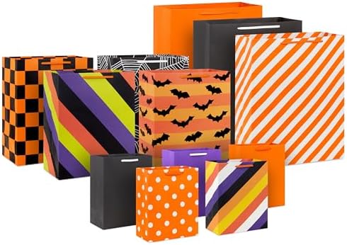 Hallmark Halloween Assorted Gift Bags Bulk - Black, Orange and Purple (12 Bags: 5 Medium 9", 4 Large 13", 3 Extra Large 15") Stripes, Polka Dots, Solids for Kids, Teachers, Birthdays
