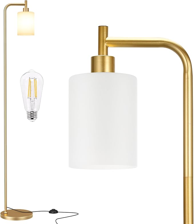 Ziisee Floor Lamps for Living Room - Industrial Standing Lamp with Frosted White Glass Shade, Modern Gold Floor Lamp with LED Bulbs, Farmhouse Floor Lamp for Bedroom, Tall Lamp for Office - Gold