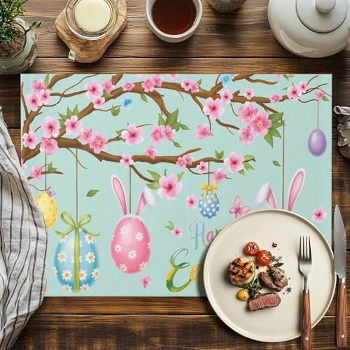 Happy Easter Placemats Set of 4, Spring Floral Bunny Rabbit Ear Eggs Heat Resistant Dining Table Mats Holiday Farmhouse Decor for Kitchen&Linens Outdoor Indoor, Pink Flower Branch Green Leaves
