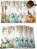 Fall Thanksgiving Placemats Set of 6, Autumn Pumpkins Eucalyptus Leaves Heat Resistant Washable Dining Table Mats Fall Holiday Farmhouse Decor for Kitchen&Linens Outdoor Indoor, Blue Sage Green Orange