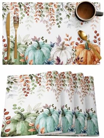 Fall Thanksgiving Placemats Set of 6, Autumn Pumpkins Eucalyptus Leaves Heat Resistant Washable Dining Table Mats Fall Holiday Farmhouse Decor for Kitchen&Linens Outdoor Indoor, Blue Sage Green Orange