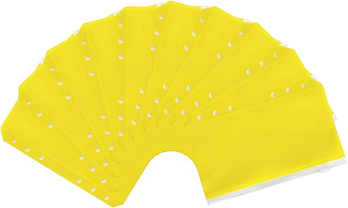 30pcs Yellow Binder Pockets 6 Holes Zipper Folders PVC Card Loose Leaf Bags Cash Envelopes for Budgeting Binder