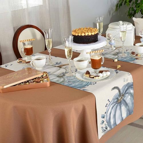 Fall Pumpkin Table Runner Dresser Scarf 13 x 70 Inch White Blue Leaves Rustic Table Runners Non-Slip Heat Resistant Kitchen Dining Table Decor for Autumn Thanksgiving Holidays Indoor Outdoor