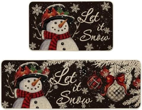 Artoid Mode Black Snowman Let It Snow Snowflake Christmas Kitchen Mats Set of 2, Winter Home Decor Low-Profile Kitchen Rugs for Floor - 17x29 and 17x47 Inch