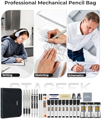 STAGEEK 30PCS Mechanical Pencil Set with Canvas Bag, 0.5, 0.7, 0.9 ＆ 2mm | Drawing Pencils with 464PCS Lead Refills (6B 4B 2B HB 2H 4H Color), Erasers, Sharpeners, Artist Pencil for Sketching Drafting