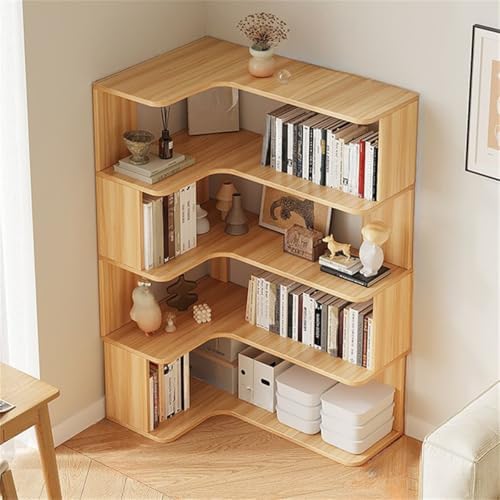 Vertical Wall Corner Shelf with Open Back 5-Shelf Wood Corner Bookshelf Floor Book Rack Multi-Layer Storage Shelf Against the Wall Bookcase Light Walnut 35" L x 24" W x 50" H