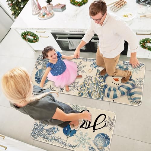JarThenaAMCS Winter Christmas Kitchen Mats Blue Snowman Xmas Ball Snowflake Welcome Floor Mat Non-Slip Door Rugs for Indoor Outdoor Bathroom, 17 x 29 Inch & 17 x 47 Inch