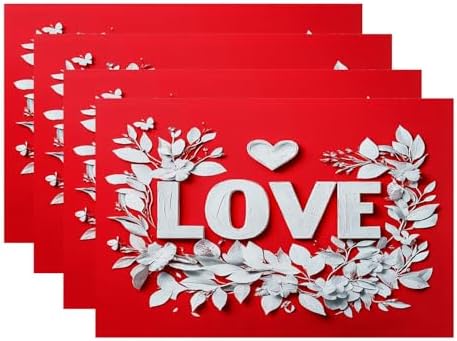 Batmerry Love Heart Linen Placemats Set of 4, Red Background with White Love Letters Washable Table Mats for Kitchen Table Thickened Heat Insulation Dining Set Indoor Outdoor 12X18 in