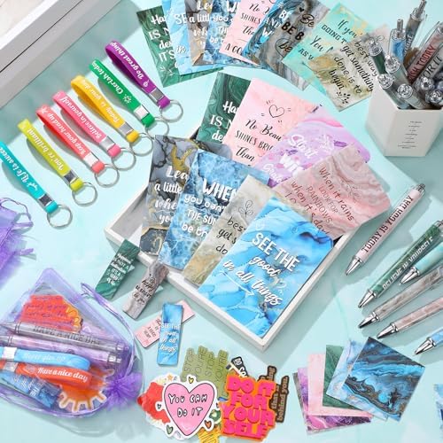 Pasimy 218 Pcs Inspirational Stationery Gifts Motivational Mini Notepad Pen Quote Bookmarks Stress Relief Stickers Inspiring Silicone Keychains for Home Office Appreciation Gift(Marble)