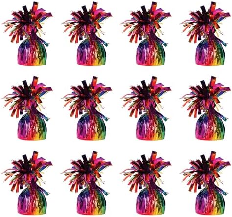 Beistle 12 Count Rainbow Metallic Plastic Wrapped Balloon Weights for Birthday Parties, Colorful Celebrations and Pride Events, Table Decorations for Any Theme, 6 Oz