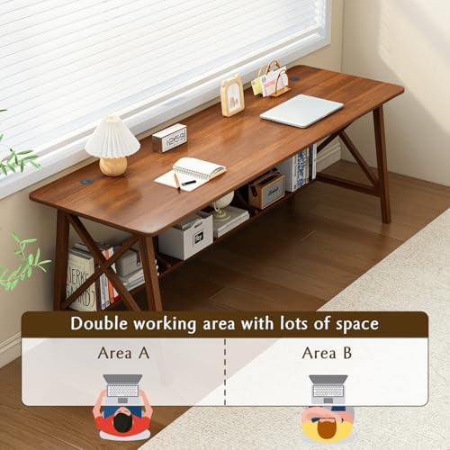 NELYE Extra Long Writing Desk with Bookshelf, 63" Wx20 Dx30 H, Walnut