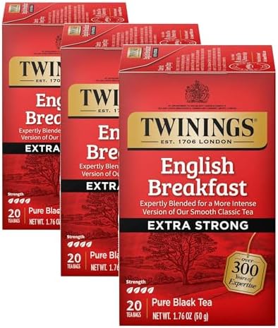 Twinings Extra Strong English Breakfast Black Tea Individually Wrapped Bags, 20 Count (Pack of 3), Robust, Caffeinated, Enjoy Hot or Iced, 20 Teabags