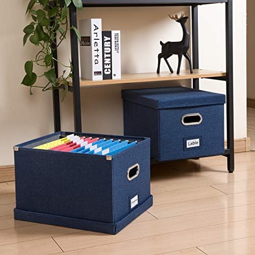 PRANDOM File Organizer Box - Set of 4 Collapsible Decorative Linen Filing Storage Hanging File Folders with Lids Office Cabinet Letter/Legal Size Navy Blue 17.1x14x11.1 inch