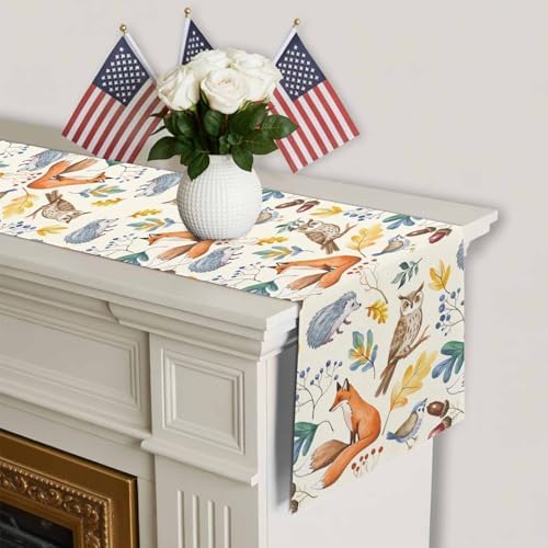 Fall Table Runner Autumn Animal Table Runners Harvest Thanksgiving Owl Bird Fox Leaves Cotton Linen Dresser Scarf Kitchen Dining Table Decor for Autumn Holiday Party Coffee 13x60 Inch
