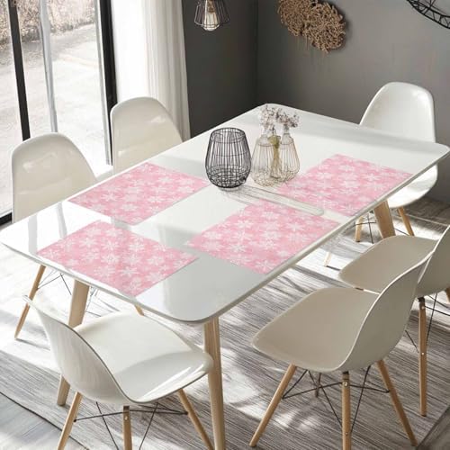 Christmas Placemats Set of 4, Pink White Snowflakes Pattern Heat Resistant Washable Table Place Mats Winter Cotton Table Linens Party Holiday Decor for Kitchen Dining Outdoor Indoor