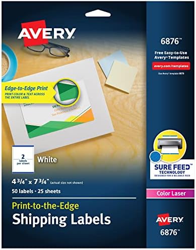 Avery Print-to-the-Edge Printable Shipping Labels, 4.75" x 7.75", Matte White, Sure Feed Technology, Laser & Inkjet Printer Compatible, 50 Blank Labels per Pack (5 Packs of 6876)