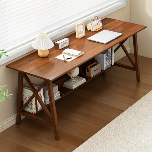NELYE Extra Long Writing Desk with Bookshelf, 63" Wx20 Dx30 H, Walnut